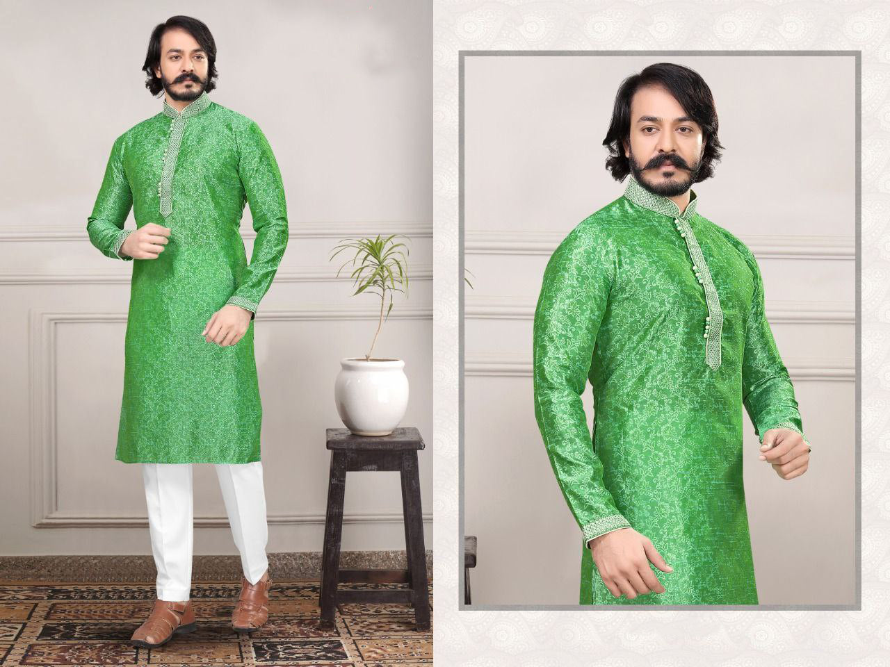 Embroidered Men's Cotton Silk Kurta Pajama Set in Light Green in Tucson