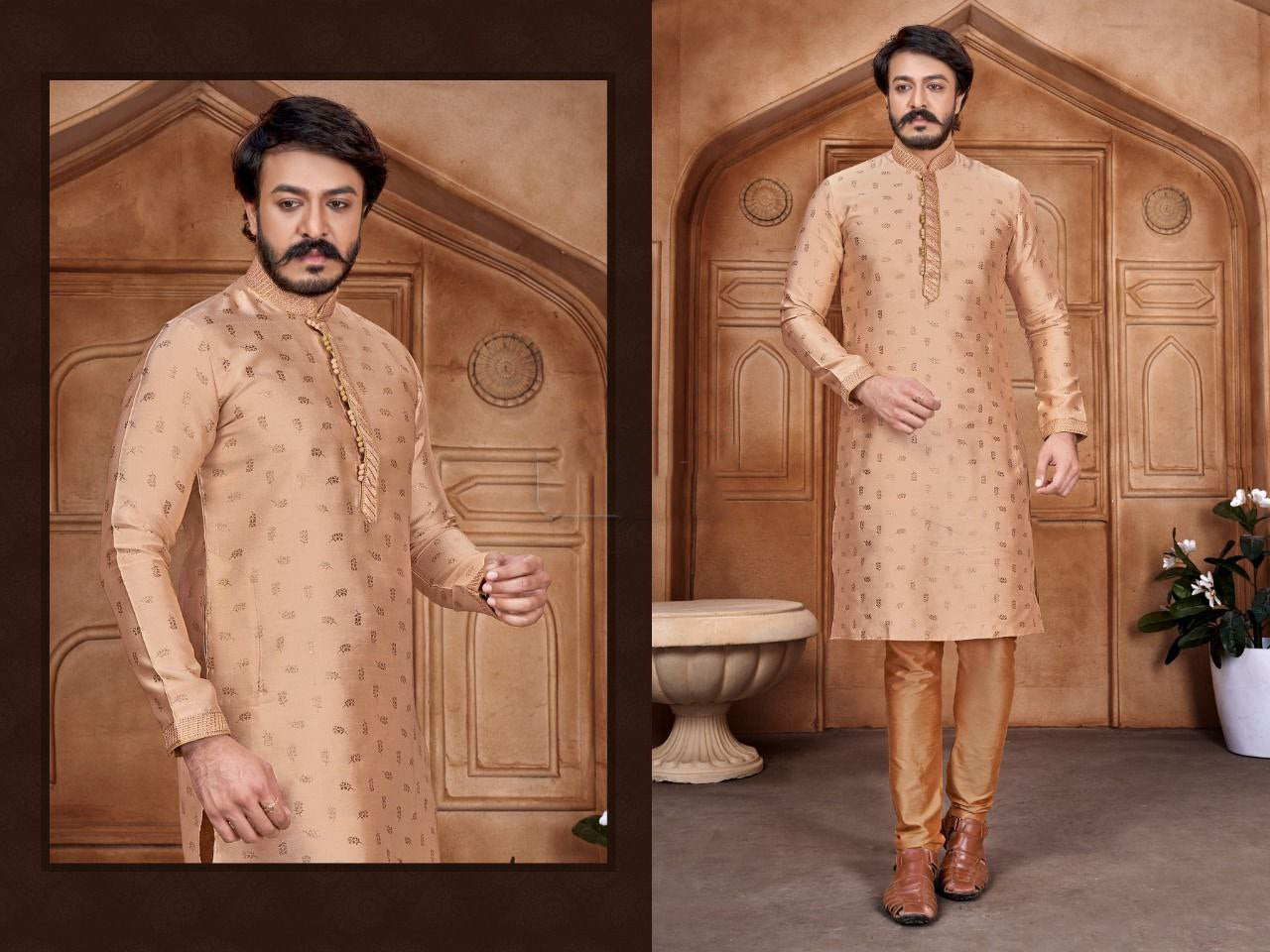 Designed Men's Pure Jacquard Leaf Work Kurta Pajama Set In USA
