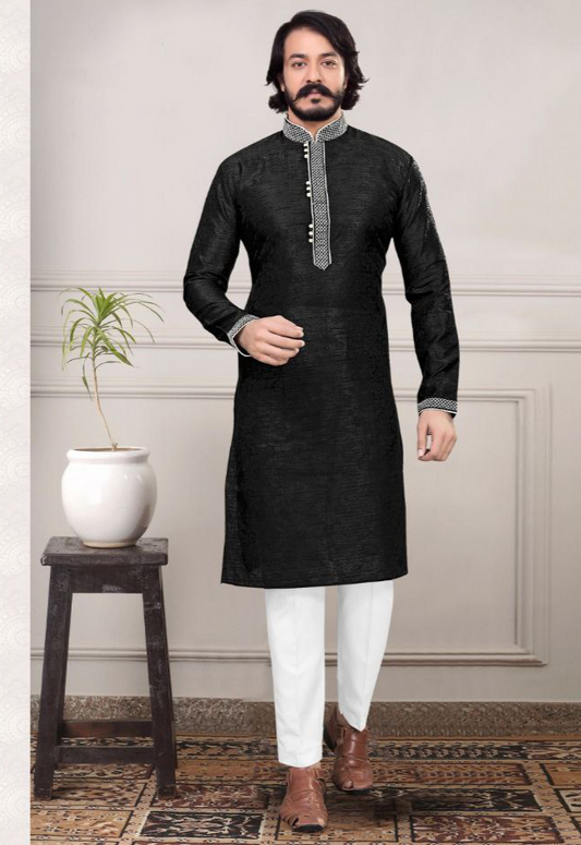 Embroidered Men's Cotton Silk Kurta Pajama Set in Black