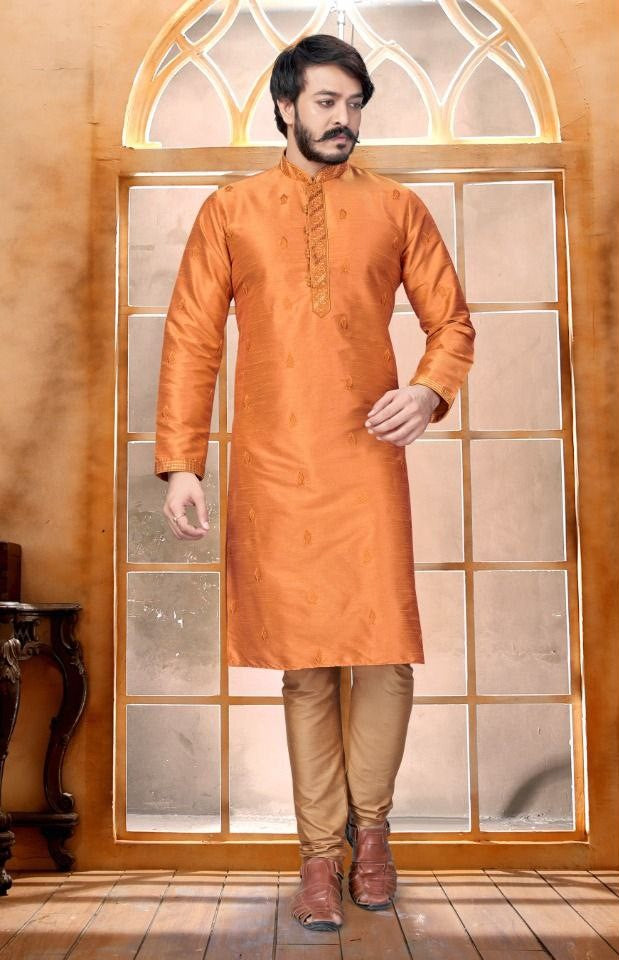 Designed Butti Embroidery Work Kurta With Pajama- Pale Orange