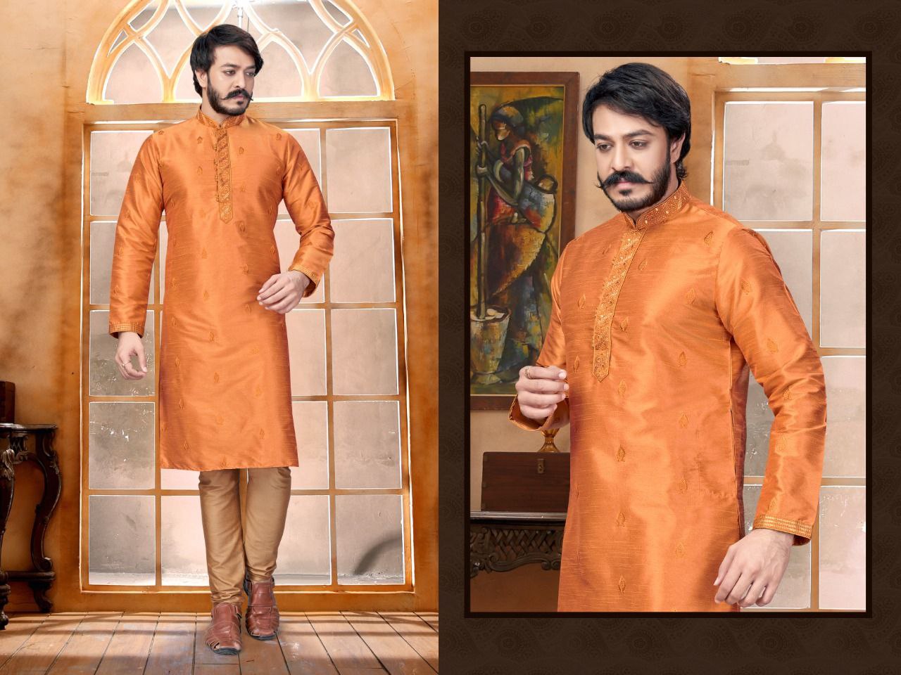 Designed Butti Embroidery Work Kurta With Pajama- Pale Orange In Glendale