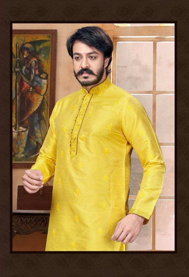 Designed Butti Embroidery Work Kurta With Pajama - Yellow Near me