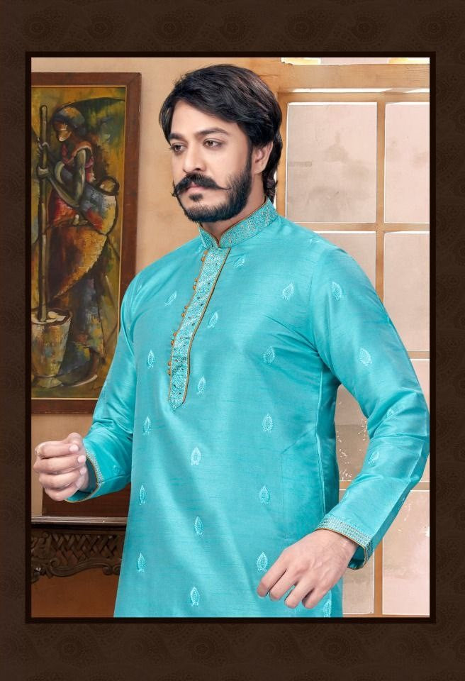 Designed Butti Embroidery Work Kurta With Pajama - Sky Blue Near Me