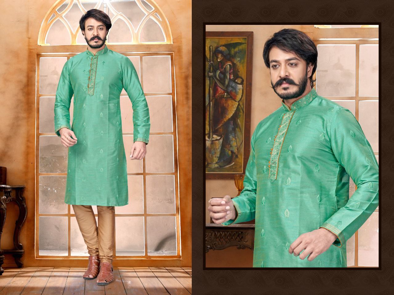 Embroidery Work Kurta With Pajama - Light Green In Peoria