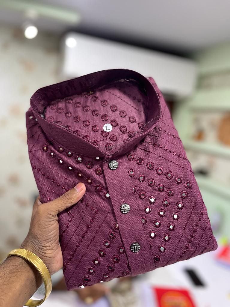 Embroidery Mirror Work Magenta Color Men's Kurta Pajama in Arizona