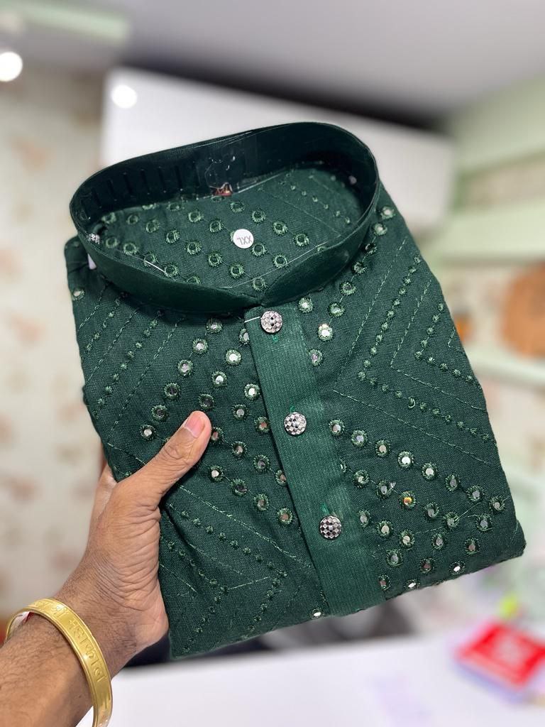 Men's Mirror Embroidery Work Green Color Kurta Near Me