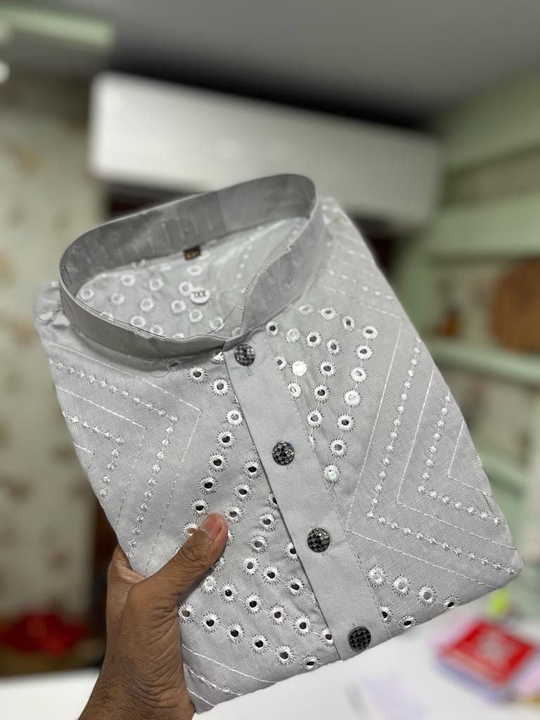 New Trendy Embroidery Mirror Work Grey Color Men's Kurta Near Me