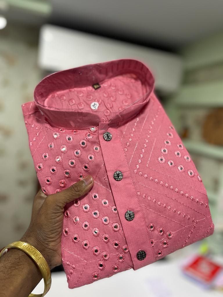 Men's Mirror Embroidery Work Peach Color Cotton Kurta Pajama Set Near Me