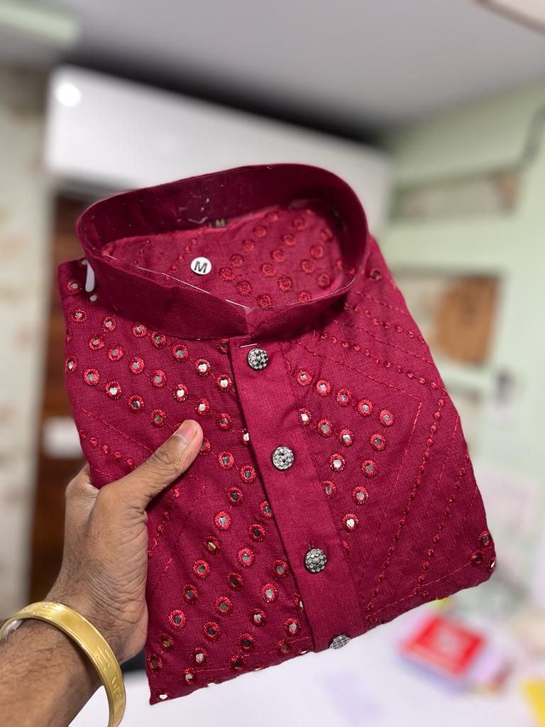 Men's Mirror Embroidery Work Maroon Color Kurta Near Me