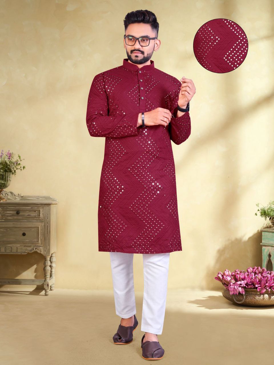 Men's Mirror Embroidery Work Maroon Color Kurta Pajama Set