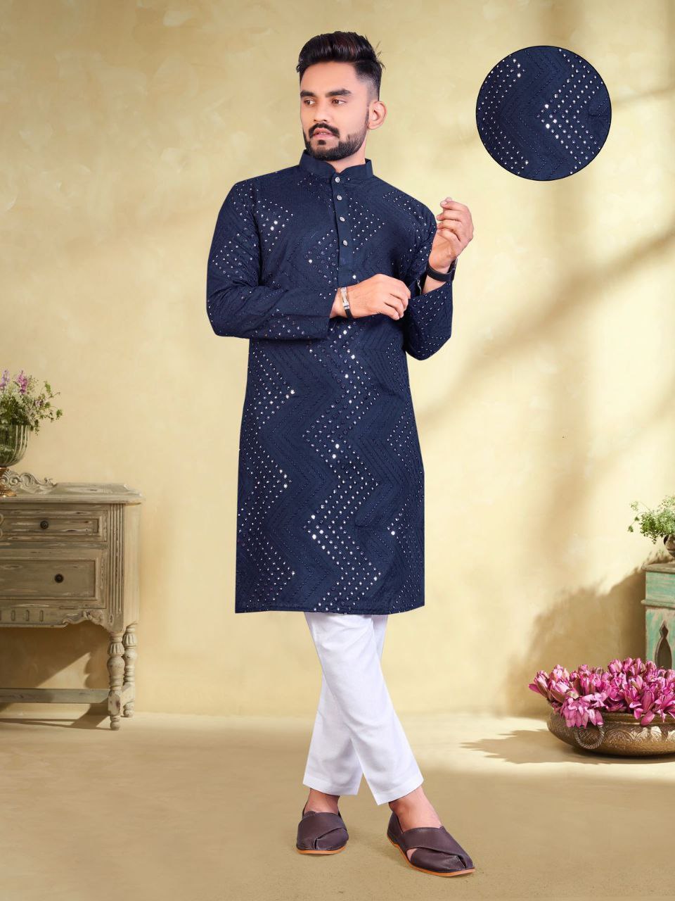 Men's Dark Blue Color Mirror Embroidery Work Kurta Pajama Set