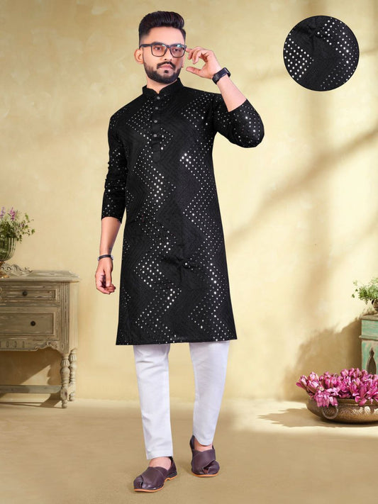 Dazzling Black Color Mirror Embroidery Work Kurta Pajama Set