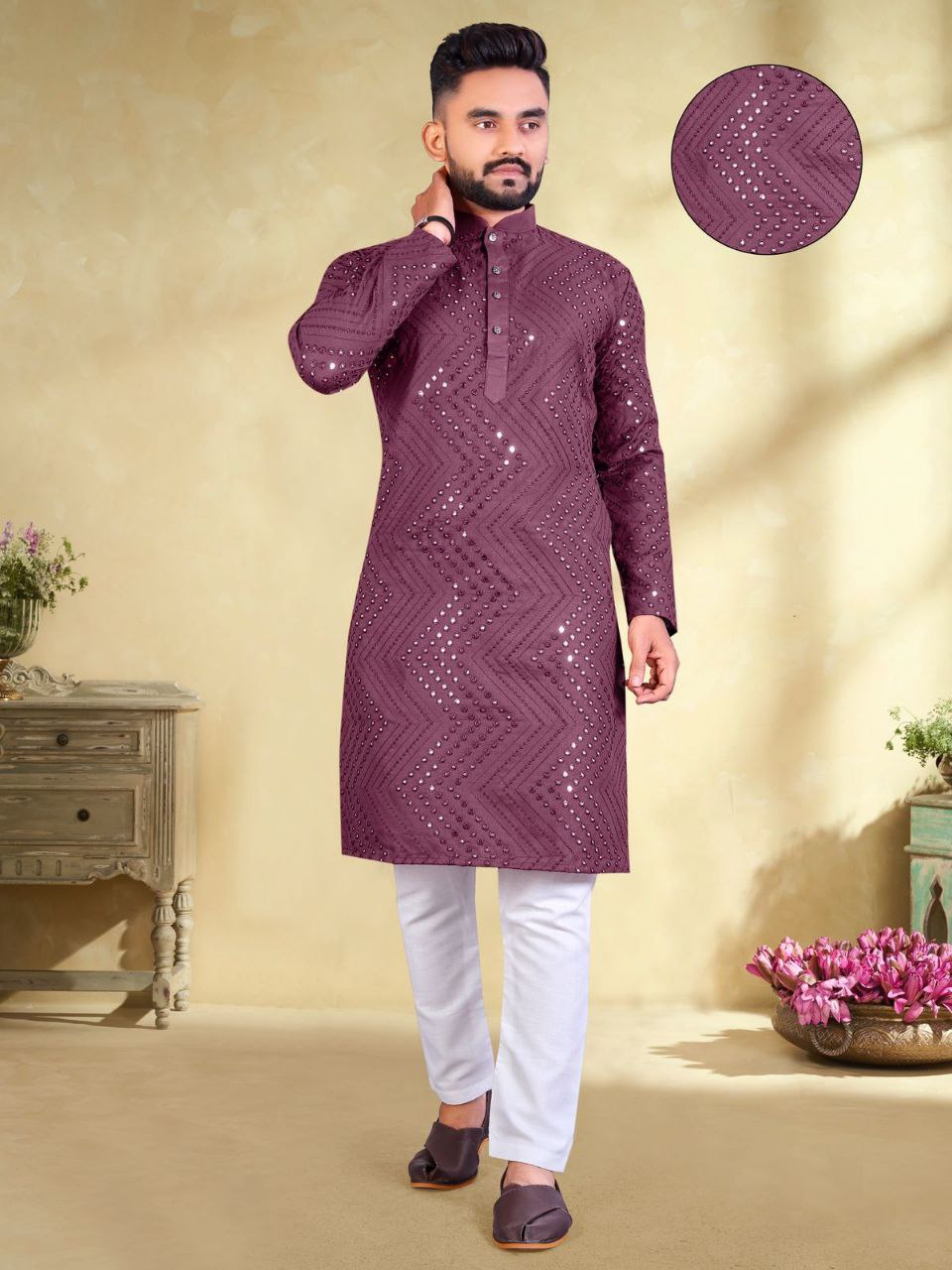 Traditional Embroidery Mirror Work Magenta Color Men's Kurta Pajama Set