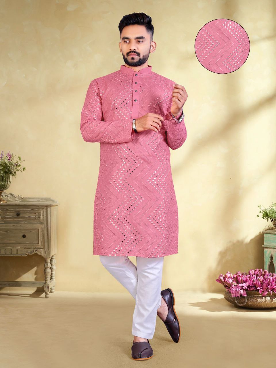 Traditional Men's Mirror Embroidery Work Peach Color Kurta Pajama Set