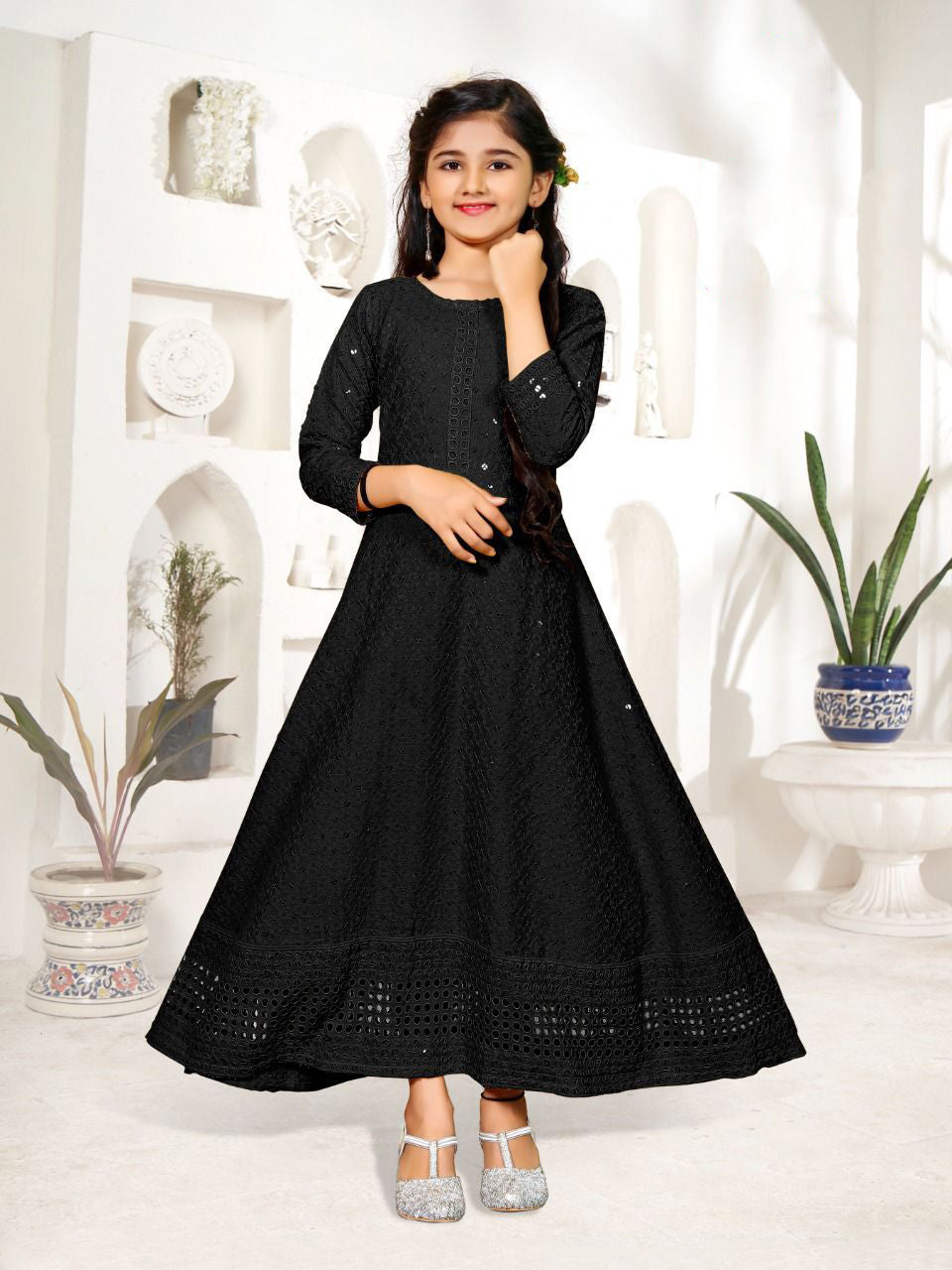 Black Rayon Long Gown with Beautiful Chikan Work for Kids 10-11 Years / Rayon / Black Black Rayon Long Gown with Beautiful Chikan Work for Kids 10-11 Years / Rayon / Black