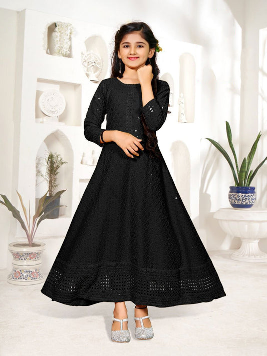 Black Rayon Long Gown With Beautiful Chikan Work For Kids