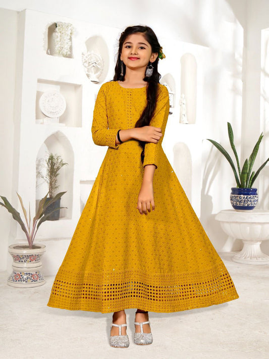 Yellow Rayon Long Gown With Chikan Work in Prescott