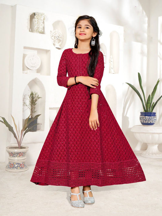 Beautiful Maroon Rayon Long Gown With Chikan Kari Work For Kids