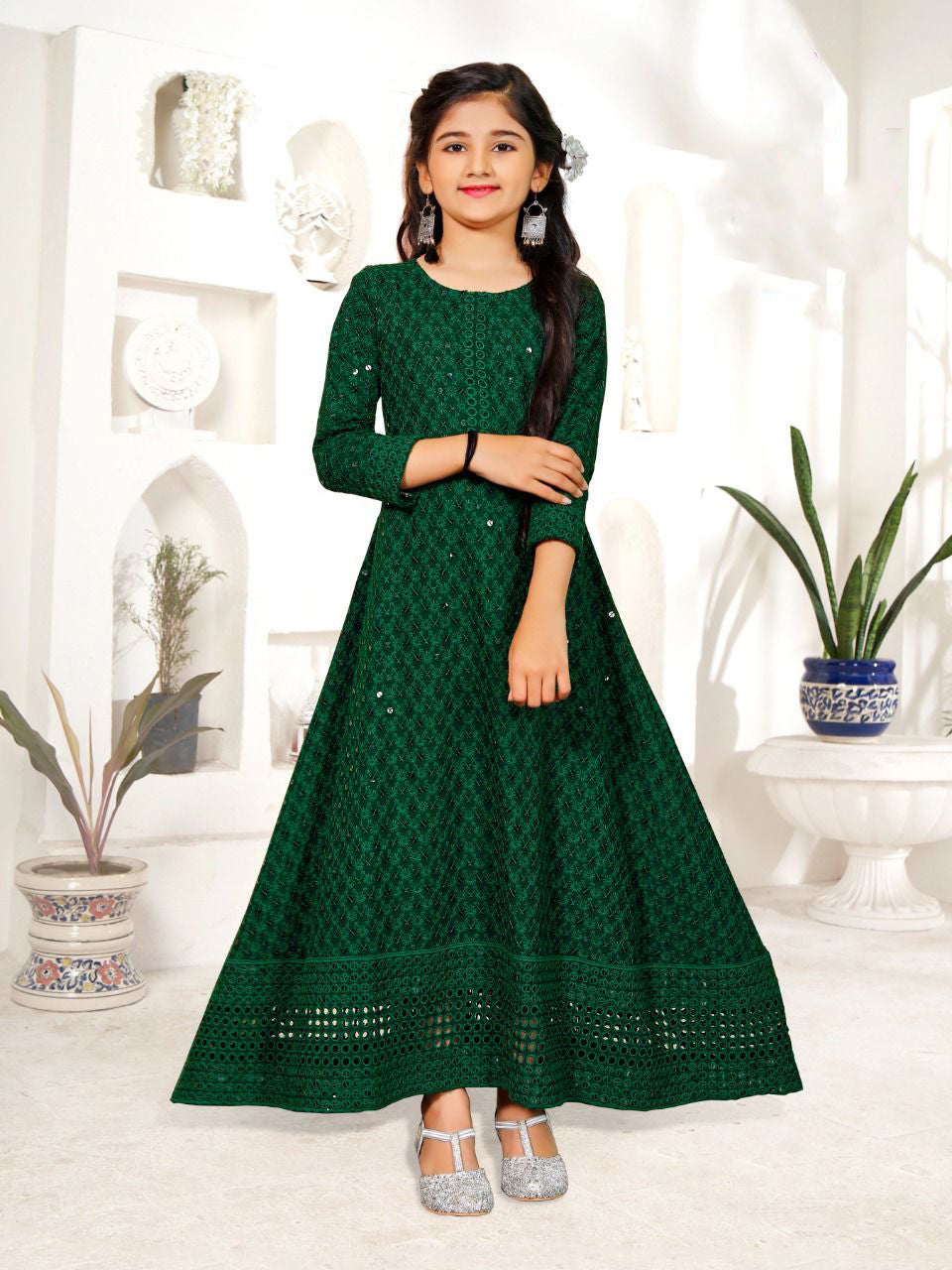 Green Rayon Long Gown With Beautiful Chikan Kari Work For Kids