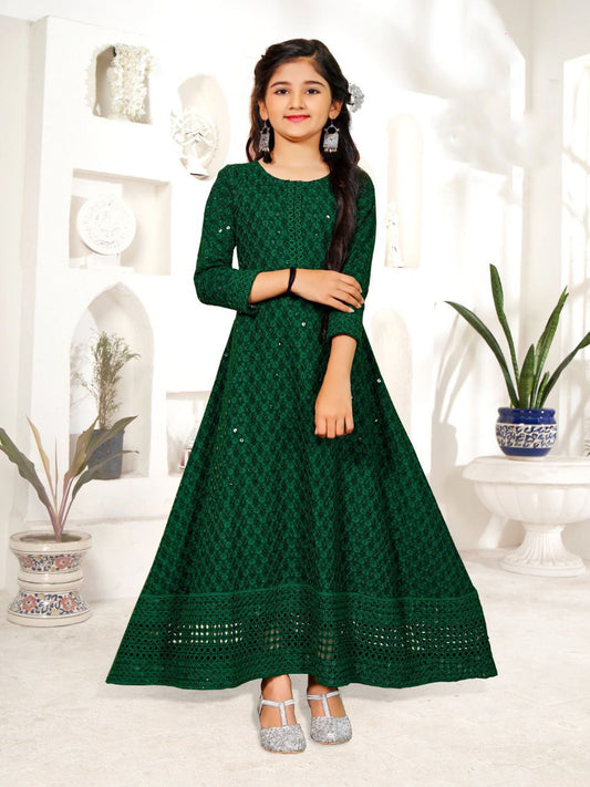 Green Rayon Long Gown With Beautiful Chikan Kari Work For Kids