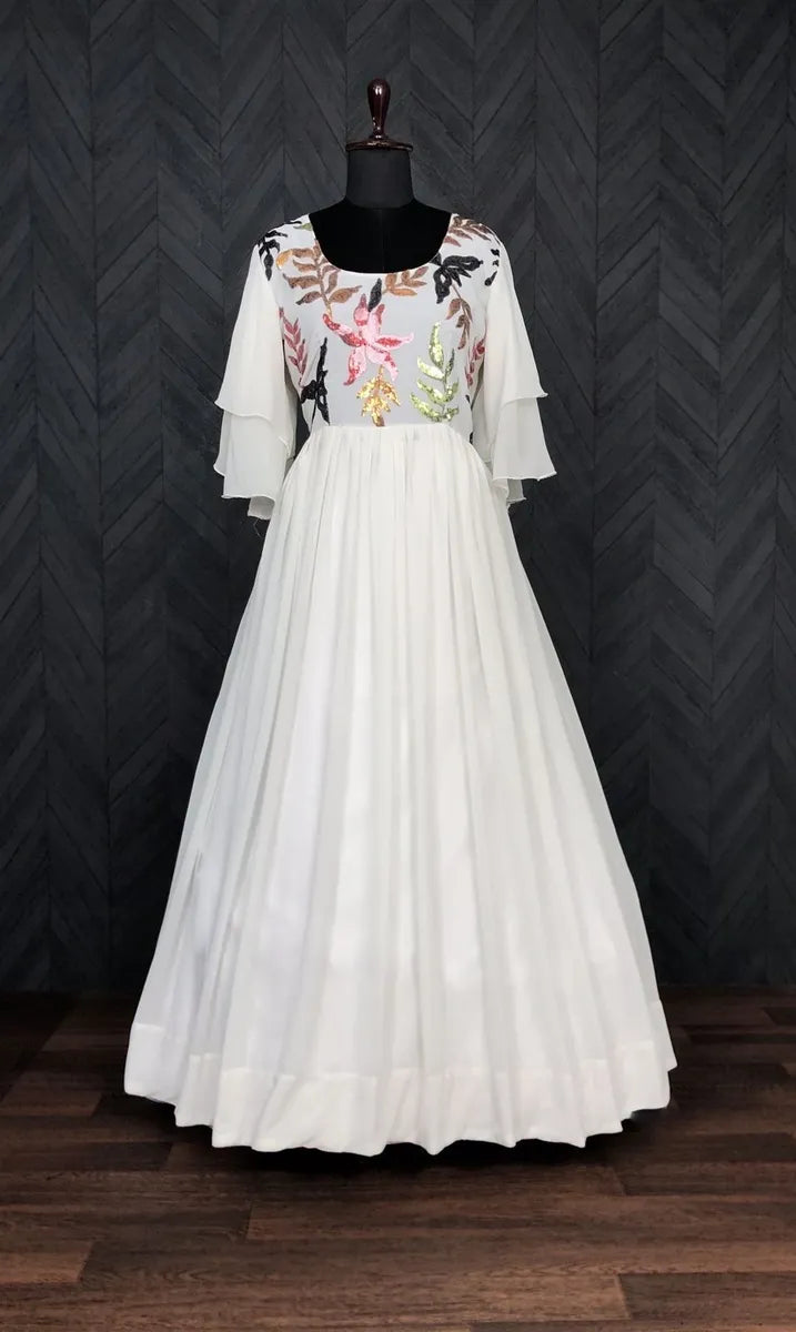 Exclusive White Georgette Indo Western Gown With Colorful Sequins Work And Bell Umbrella Sleeve