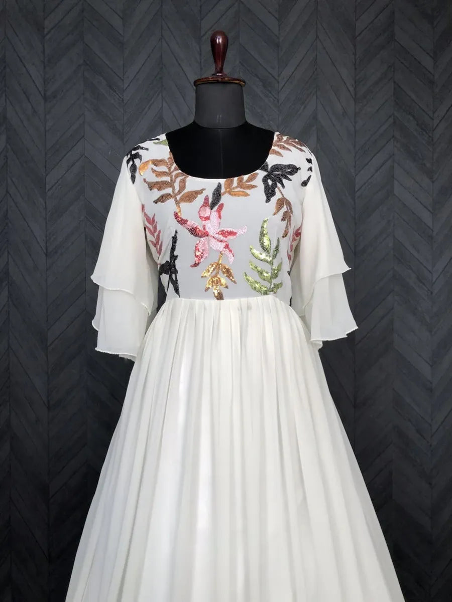 Georgette Gown With Colorful Sequins Work and Bell Umbrella Sleeves Near Me