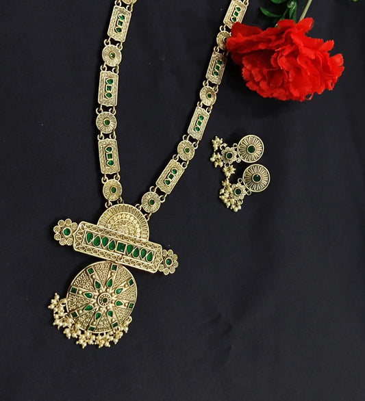 Emerald Stone Oxidized Long Chain And Earrings Made With Brass And Copper
