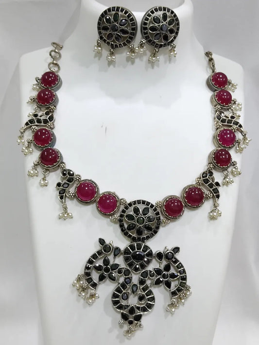 Ruby And Black Natural Stone Copper Made Oxidized Necklace With Earrings