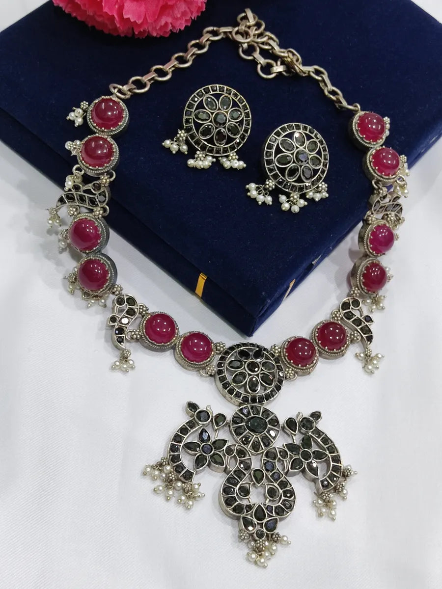 Oxidized Necklace With Ruby And Black Natural Stones Near Me