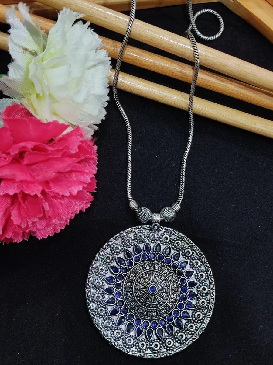 German Silver Oxidized Long Chain With Chakra Pendant