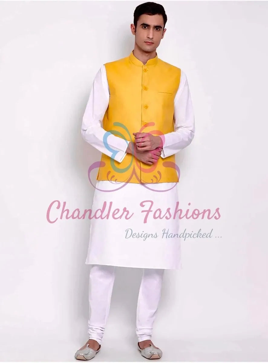 Men Yellow & White Self Design Kurta with Nehru Jacket