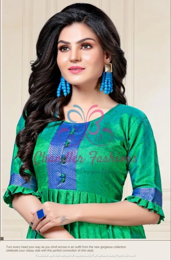 Green Color Aura Silk Kurti With Blue Border Near Me