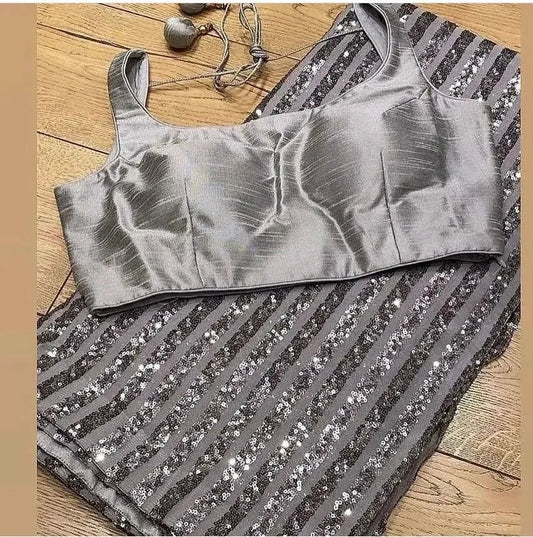Demanding Gray Georgette Sequins Work Saree