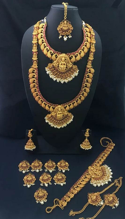 Temple Design Matte Finished Mango Haram With Lakshmi Pendant Bridal Set