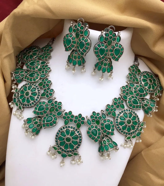 Floral Pattern Brass And Copper Made Ethnic Oxidized Silver Plated Necklace With Earrings