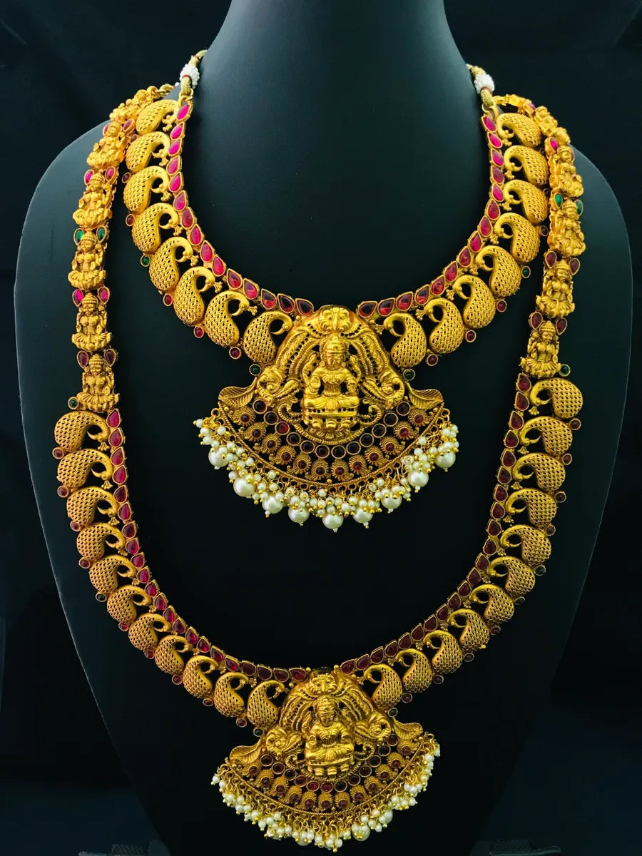 Matte Finished Mango Haram With Lakshmi Pendant Bridal Set In USA