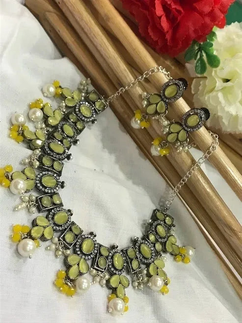 Pastel Yellow AD Stone Oxidized Chain Set In Chandler