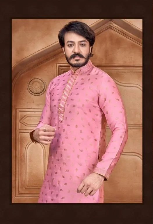 Light Pink Embroidered Men's Leaf Work Kurta near me