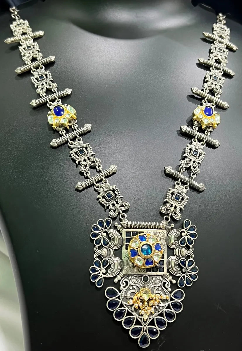 Oxidized Antique Finish Dual Tone Stone Brass Necklace Set In Happy Jack