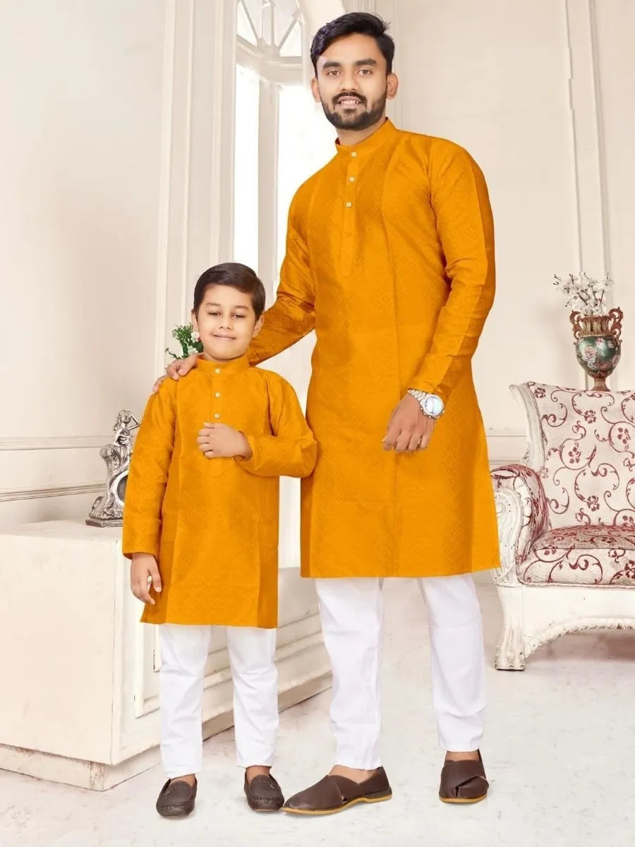 Silk Jacquard Kurta with Pajamas Set for Kids - Yellow in Tucson