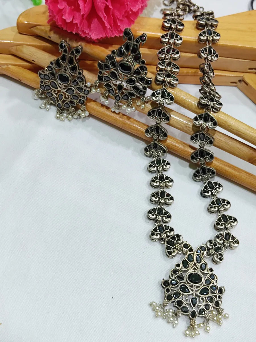 Oxidized Black Stone Long Necklace With Earrings Made With Brass And Copper Near Me