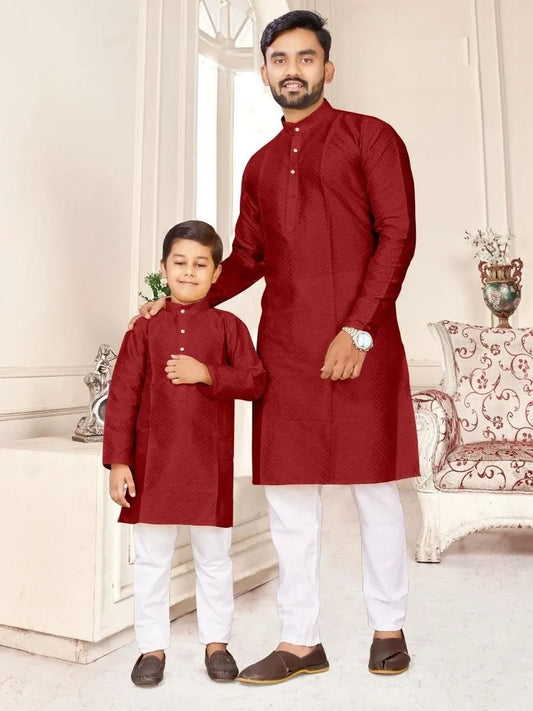 Dad And Son Silk Jacquard Kurta With Pyjamas Set - Red In Flagstaff