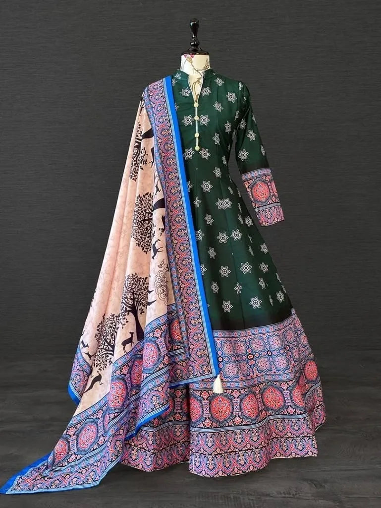Pretty Green Color Digital Printed Vaishali Silk Gown With Muslin Silk Dupatta