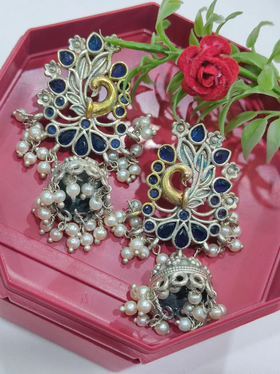 Blue Stone Peacock Oxidized Jhumka Earrings Near Me