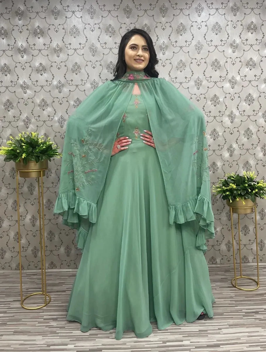 Elegant Embroidered Designer 3 Style Indo Western Gown - Teal Green