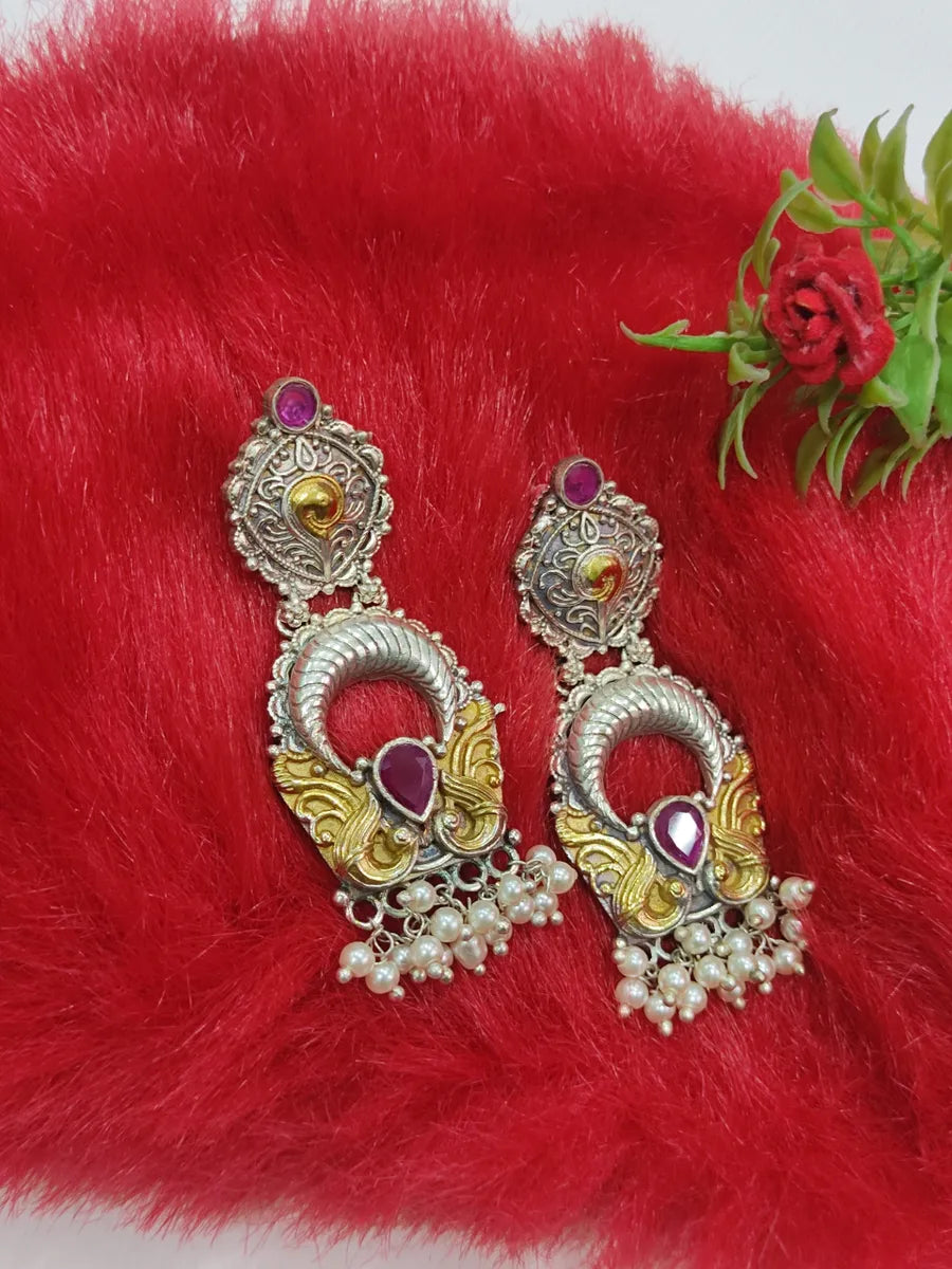 Brass And Copper Made Antique Oxidized Ruby Dangler Earrings Near Me