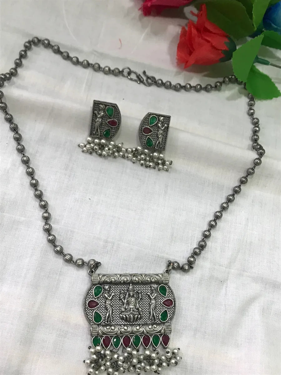 Brass And Copper Made Beaded Necklace With Multi Color Stone And Lakshmi Pendant Near Me