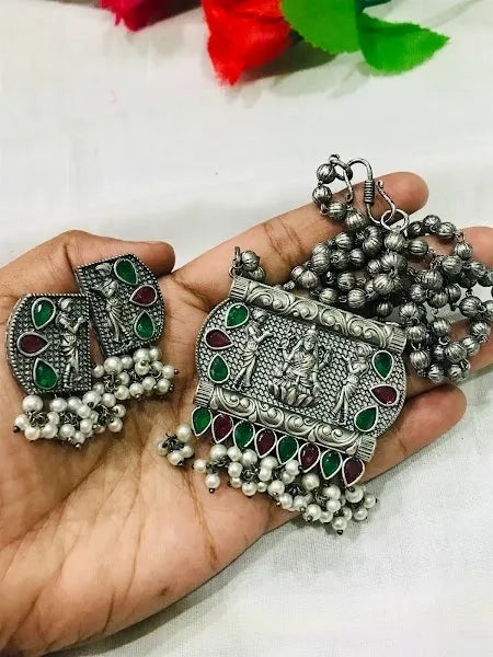 Oxidized Beaded Necklace With Multi Color Stone And Lakshmi Pendant In Flagstaff