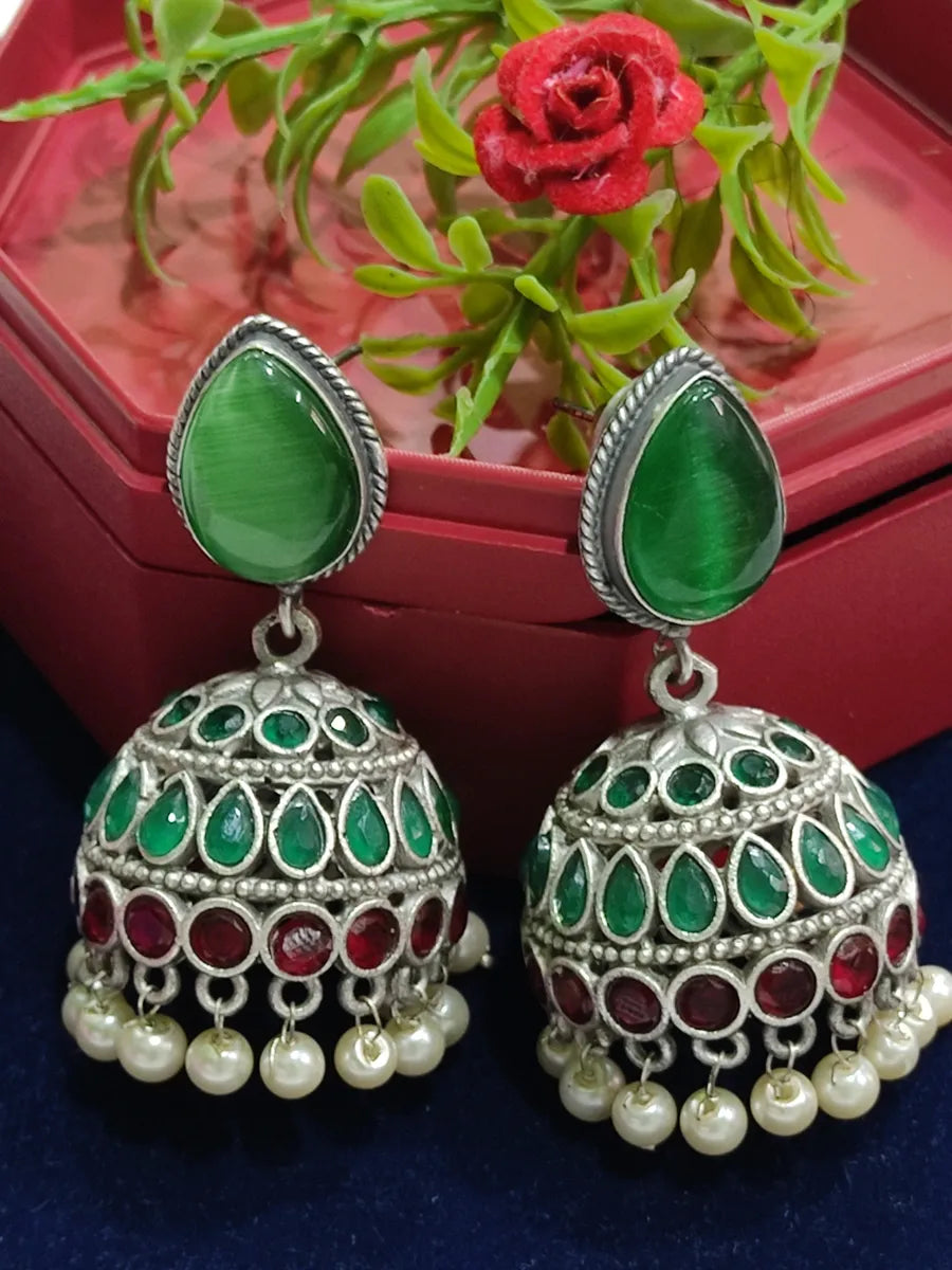 Pearl Beaded Jhumki Earrings With AD Stones Near Me