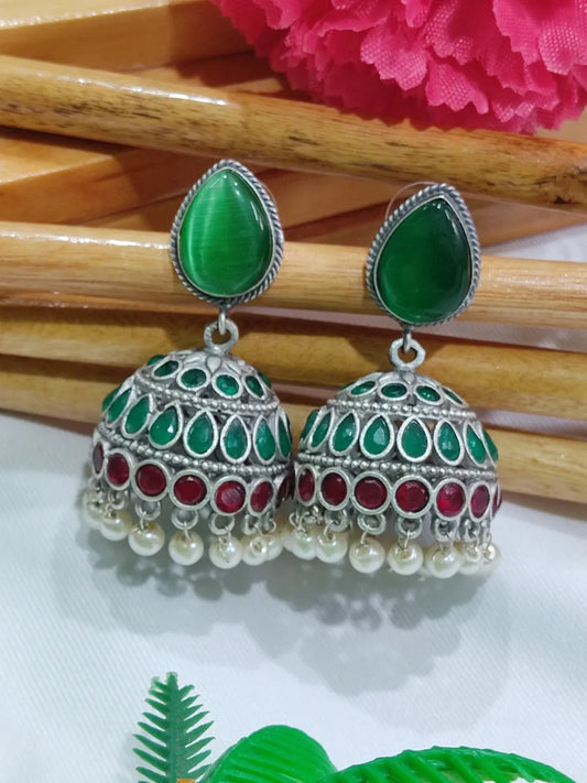 Elegant Oxidized Emerald And Maroon Stone , Pearl Beaded Jhumki Earrings With AD Stones